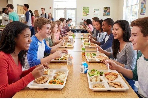 Durable 5-compartment sugarcane bagasse tray serving nutritional student lunches in a busy school cafeteria program serving line. Durable 5-compartment sugarcane bagasse tray serving nutritional student lunches in a busy school cafeteria program serving line.