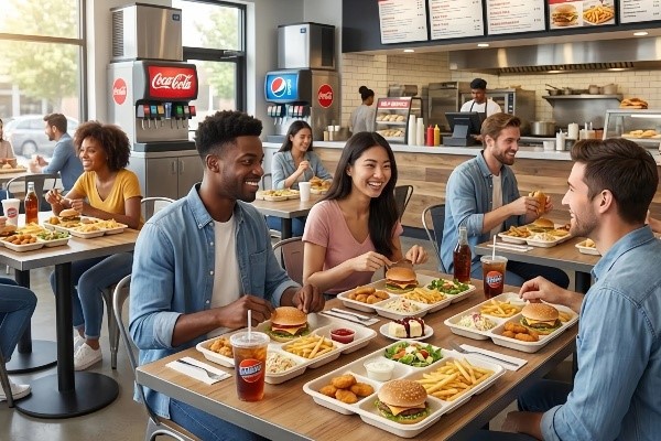 Eco-friendly sugarcane bagasse tray utilized in a fast-food QSR (Quick Service Restaurant) setting for efficient takeaway combo meals. Eco-friendly sugarcane bagasse tray utilized in a fast-food QSR (Quick Service Restaurant) setting for efficient takeaway combo meals.